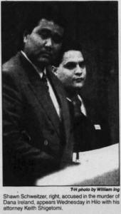 Shawn Schweitzer with his lawyer, Keith Shigatomi during his trial in 2000.